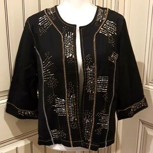 𝅺Bleu Bayou Open Cotton Blazer Medium Black Embroidered Sequin Stitch Gold